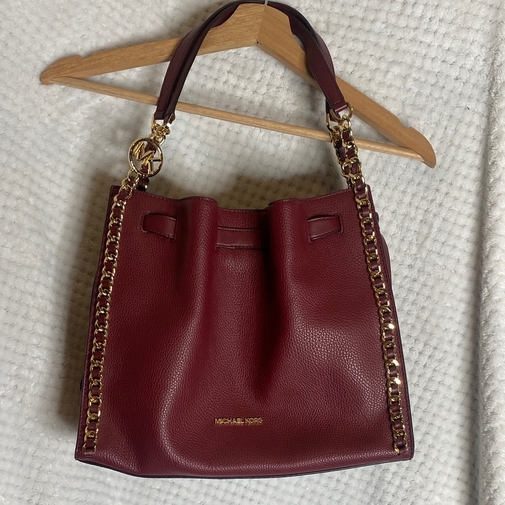 Michael Kors Dark Cherry Leather Shoulder Bag with Gold Accents